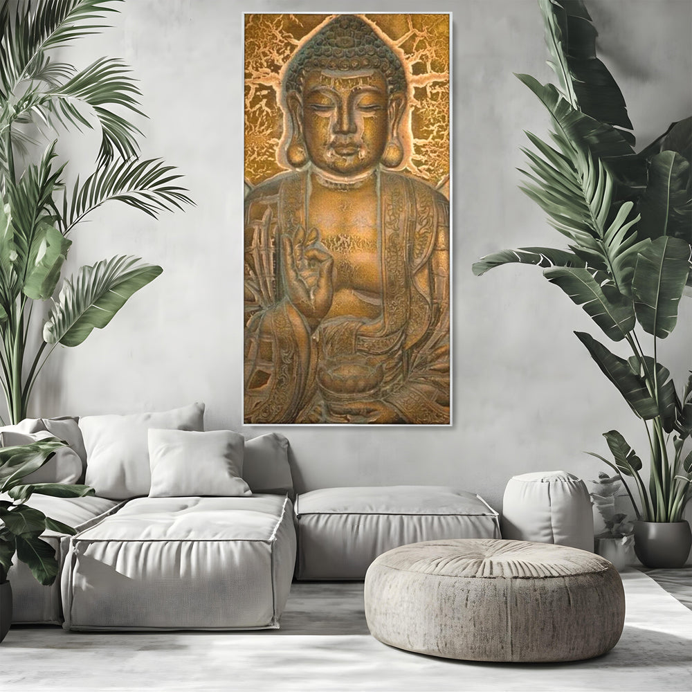 Tablou canvas cu tablou canvas cu figura lui buddha, in rama de aluminiu argintiu, pe perete intr-un living